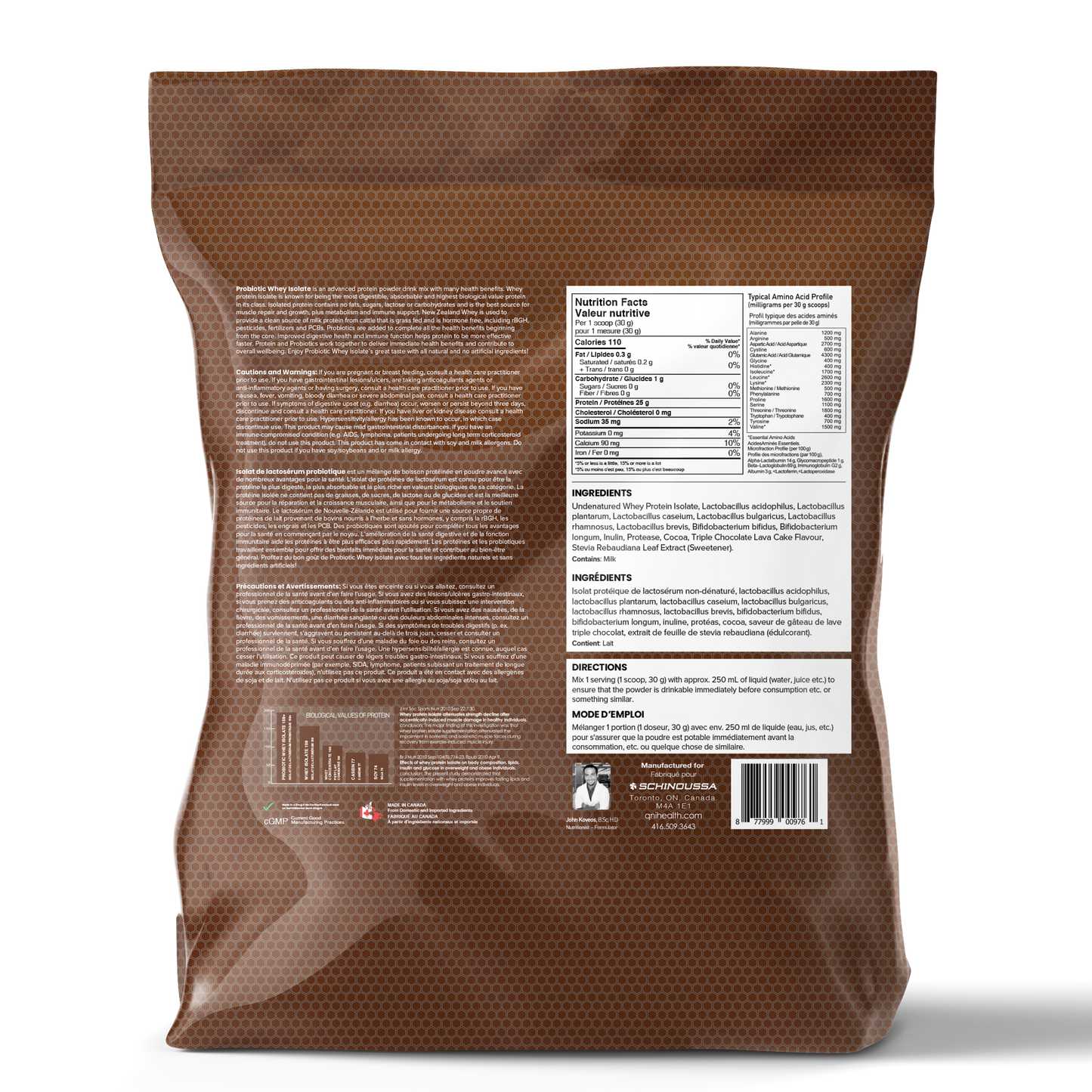 Schinoussa Whey Protein Triple Chocolate 5 lb black resealable bag with chocolate flavor label.