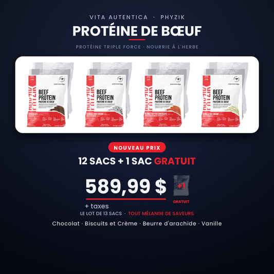 Promotional graphic for Vita Autentica Phyzik beef protein powder, showing four 300g bags of beef protein (chocolate, biscuits and crème, almond butter, vanilla) in a white card on a dark navy background. The text advertises a new price for 12 bags plus 1 free bag, with a total price of $589.